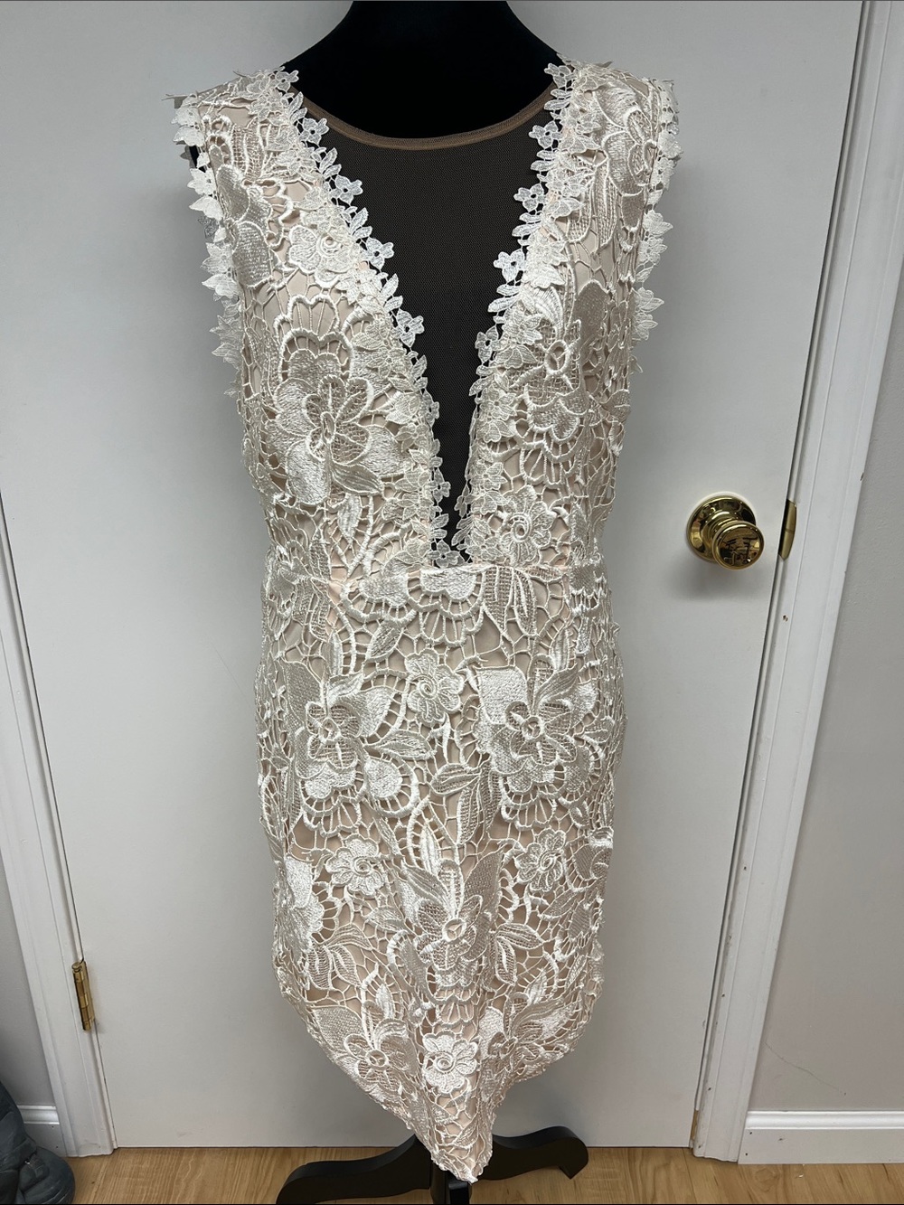 Ivory Floral Lace Deep V Mini Dress